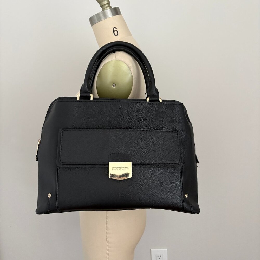 Steve Madden Black Satchel Front Flap Pocket Gold Tone Hardware Quiet Luxury